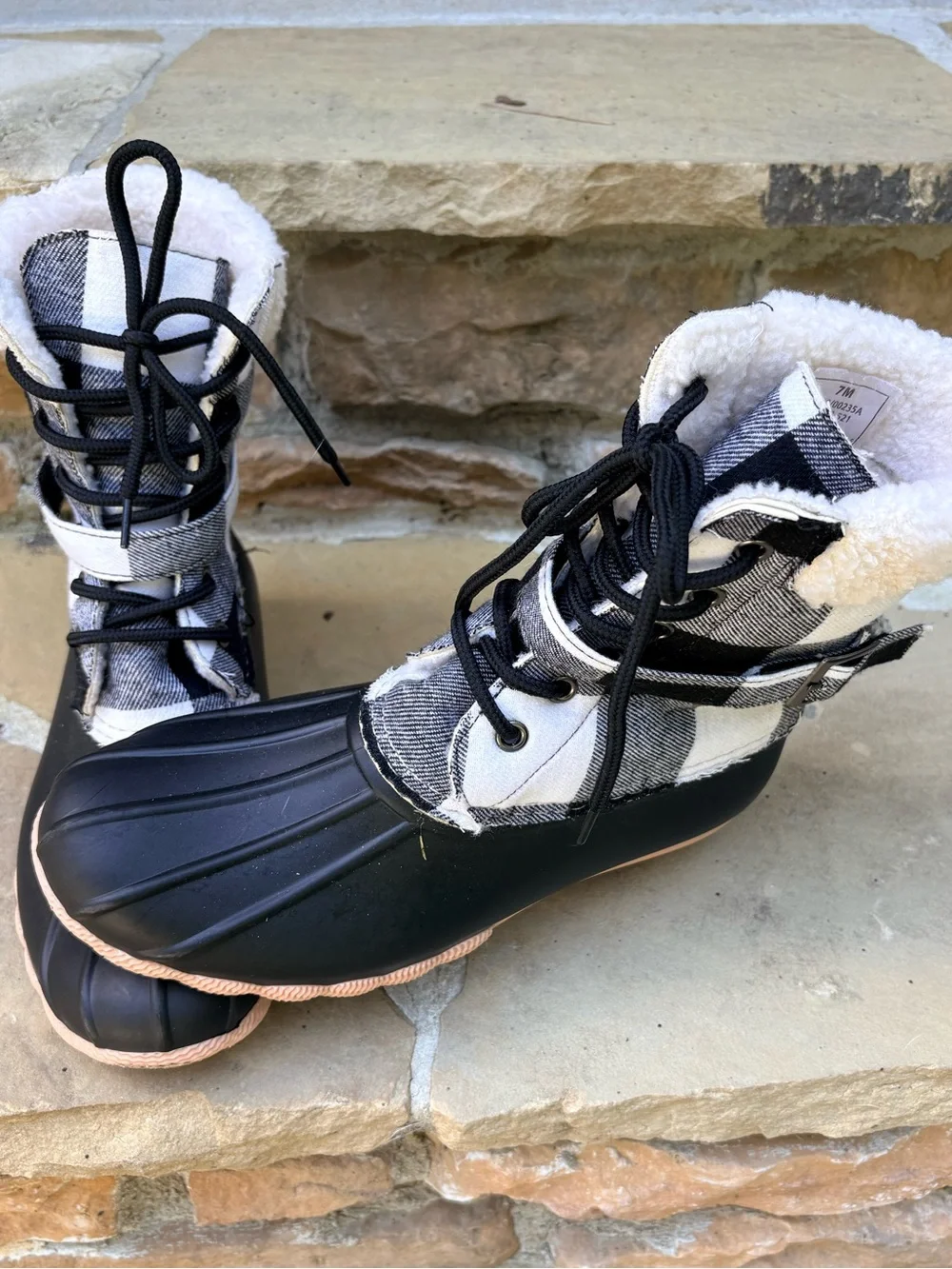Outwoods Black Plaid Winter Duck Boots with Light Soles